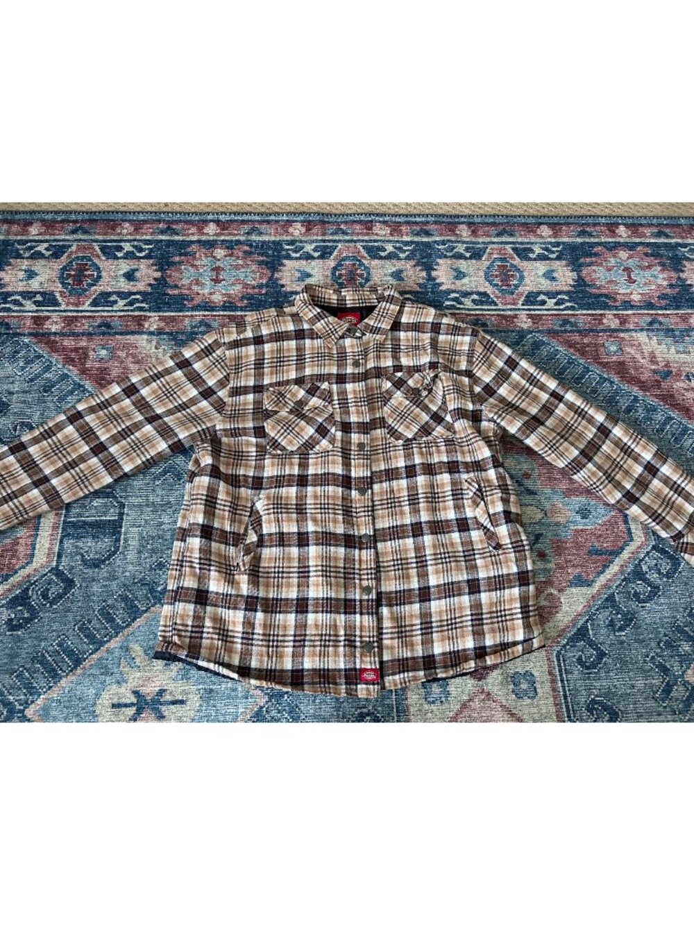 Dickies Quilted Flannel Shirt Jacket L Brown Plaid 100% Cotton Cabin Hiking